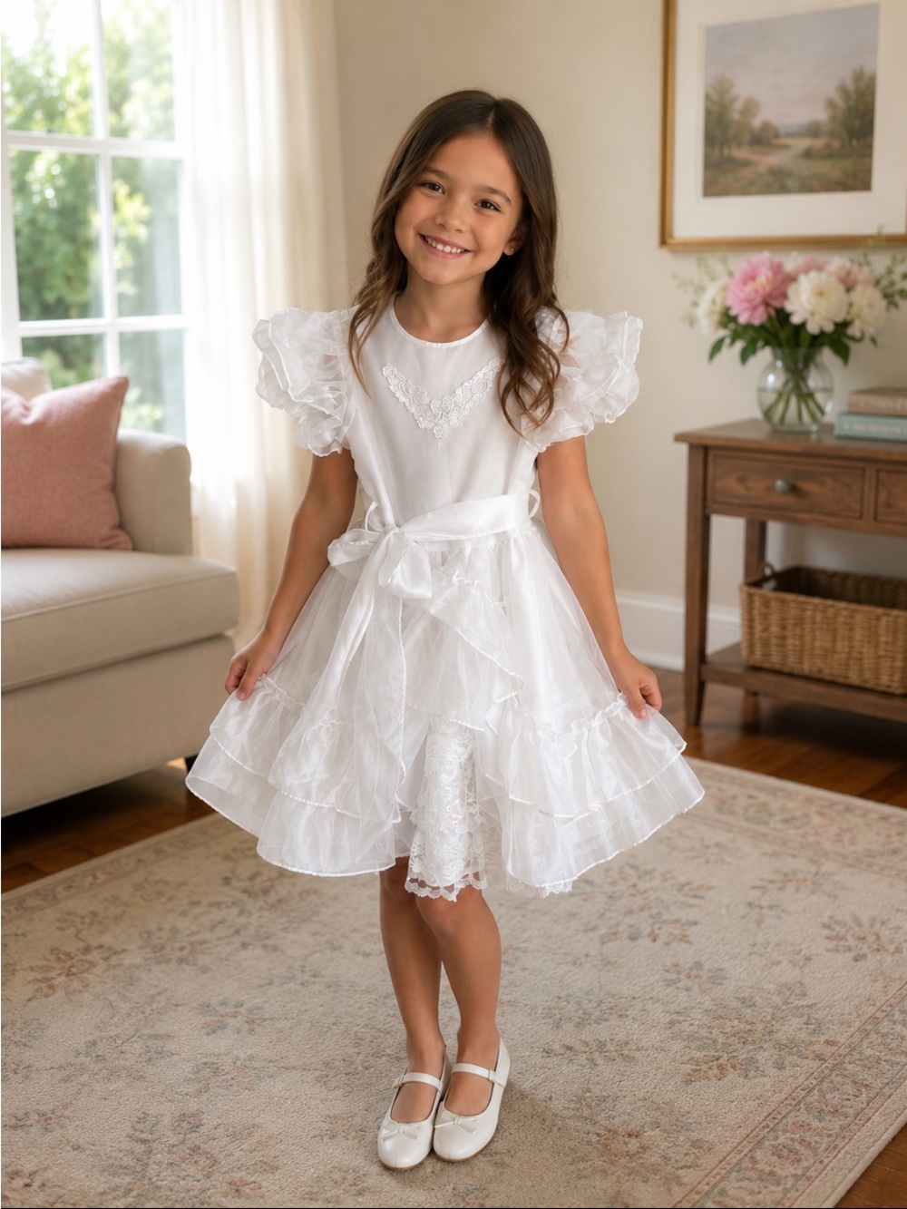 Elegant White Ruffle Lace Formal Dress for Girls